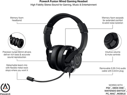 PowerA FUSION Wired Gaming Headset with Mic - Headphones with On-Ear Controls for PC, Xbox, PS4, and Mobile Devices - Black Black Headset