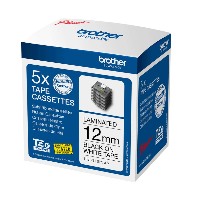 Brother Tze - 231 Labelling Tape Cassettes, Black on White, Multi - Pack, 12 mm (W) x 8 m (L), Includes 5 x Tapes, Brother Genuine Supplies