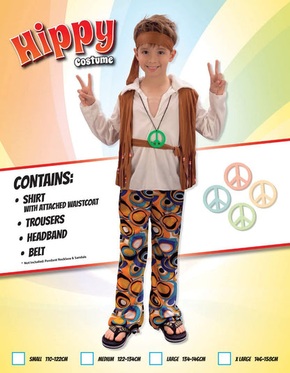 Boys 4 Pc 1960s 1970s Hippie Hippy Festival Fancy Dress Costume Outfit 4-14 years (12-14 years)