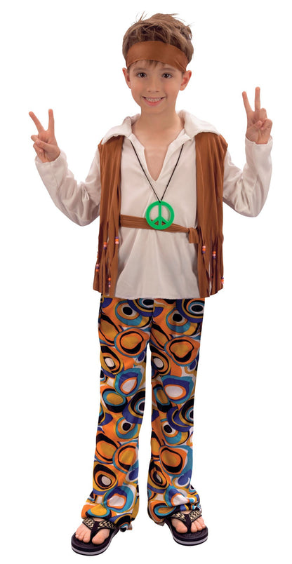 Boys 4 Pc 1960s 1970s Hippie Hippy Festival Fancy Dress Costume Outfit 4-14 years (12-14 years)