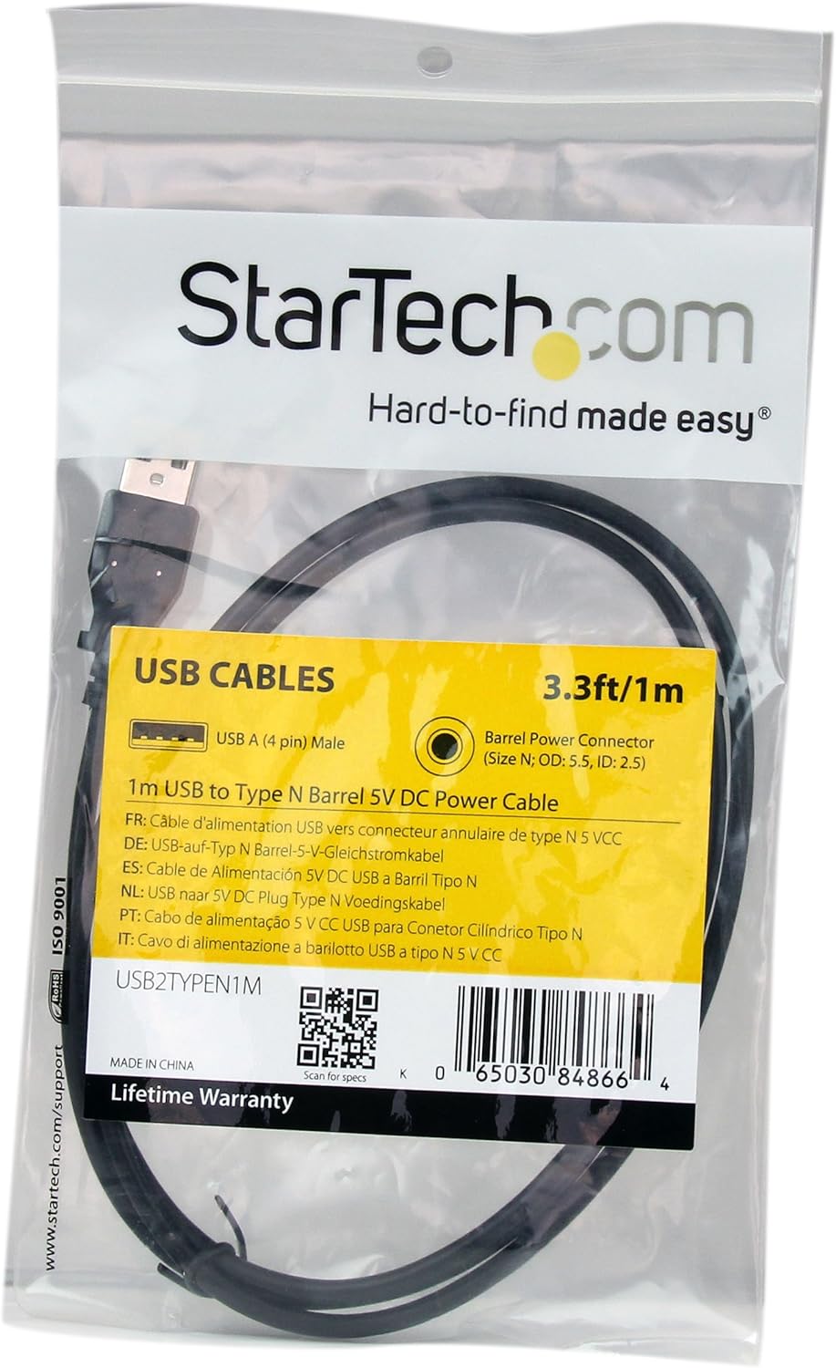 StarTech.com 1m USB to Type N Barrel 5V DC Power Cable - USB A to 5.5mm DC - 1 Meter USB to 5.5mm DC Plug (USB2TYPEN1M