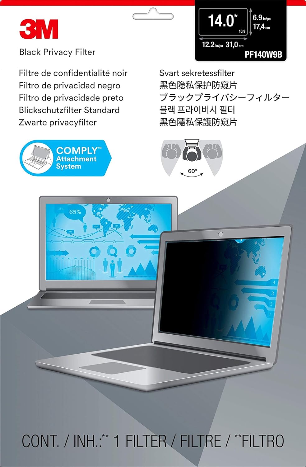 3M Privacy Filter For 14`` Laptops 16:9 With Comply - Notebook Privacy Filter - 14`` Wide - Black