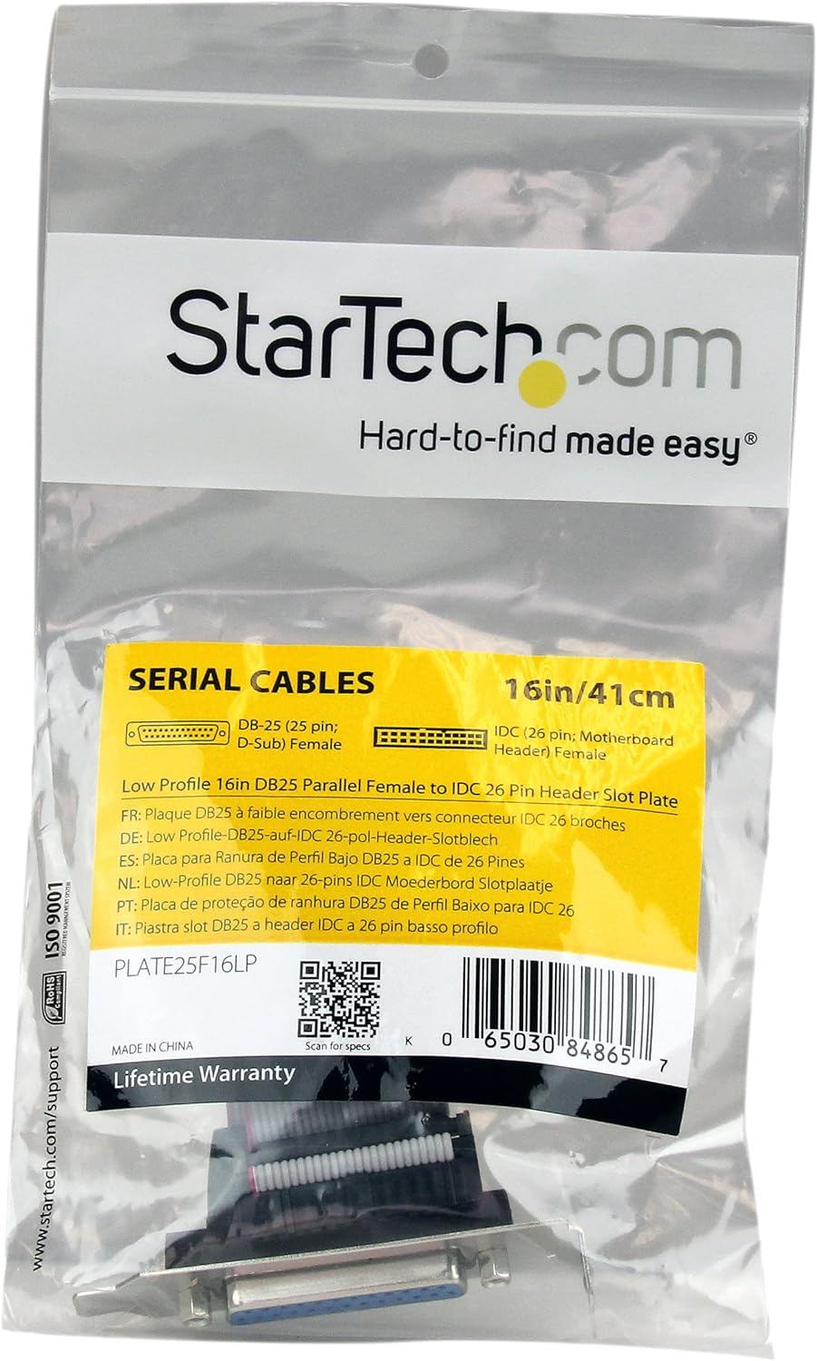 StarTech.com PLATE25F16LP Low Profile 16in Parallel Port Header Cable Adapter with Bracket, DB25 to IDC26 Parallel Port Bracket DB-25 (F) to IDC 26 (F