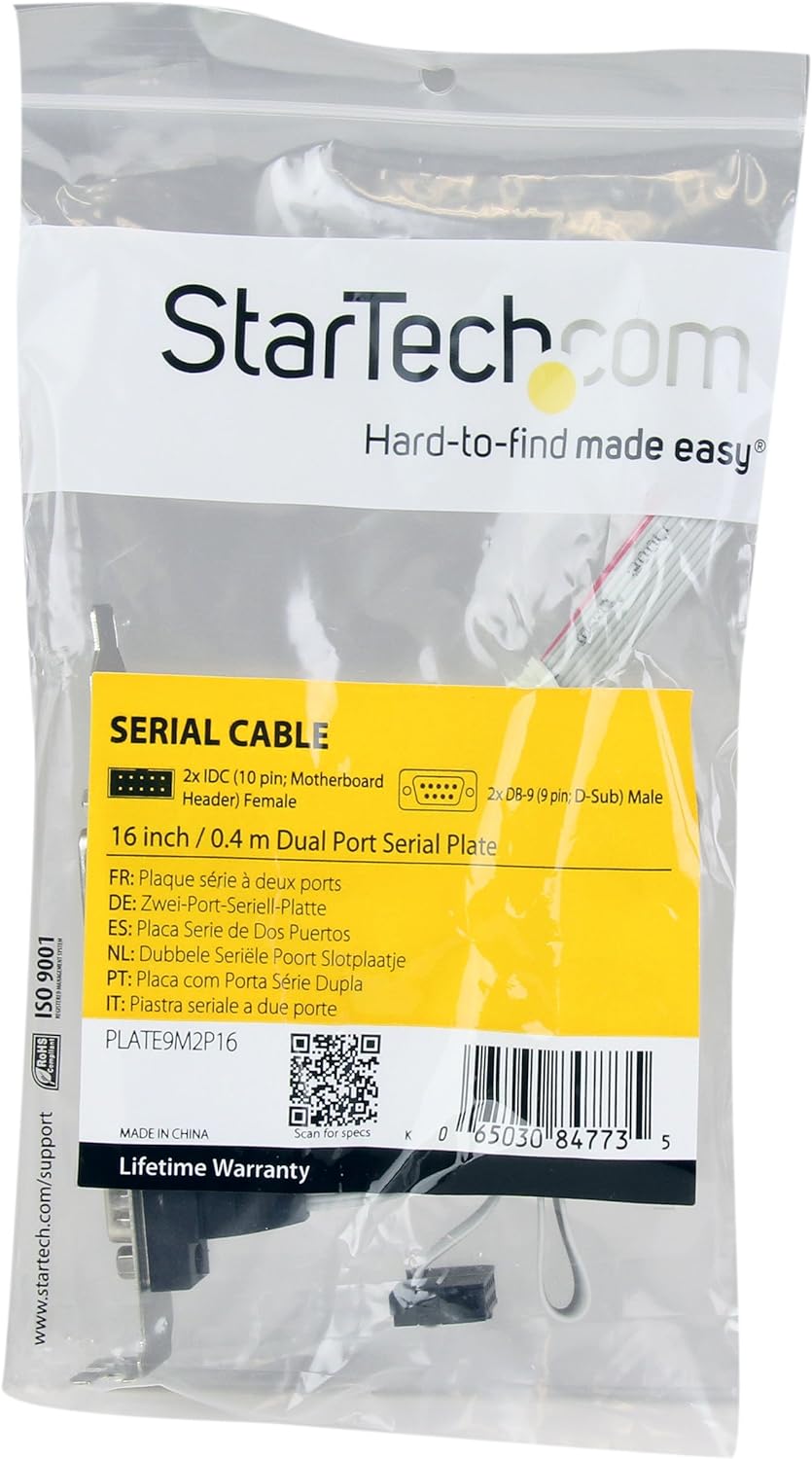 StarTech.com Support de port série DB9 16 pouces à 2 ports vers en-tête 10 broches (PLATE9M2P16