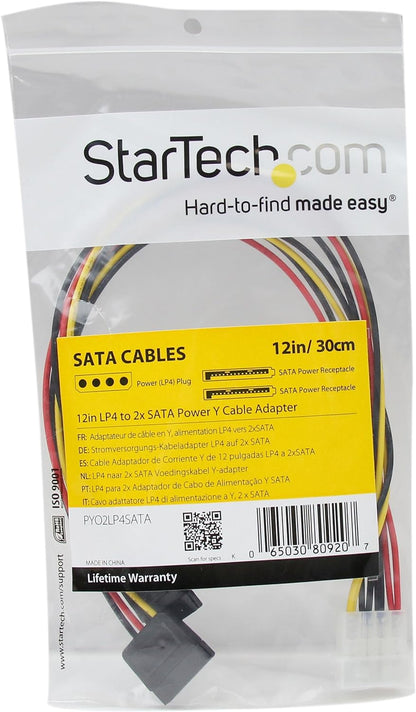 StarTech.com 12in LP4 to 2x SATA Power Y Cable Adapter - Molex to to Dual SATA Power Adapter Splitter (PYO2LP4SATA