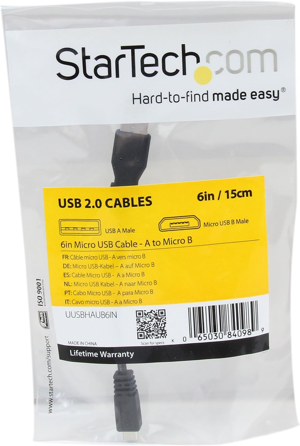 StarTech.com 6in Micro USB Cable - A to Micro B - USB to Micro B - USB 2.0 A Male to USB 2.0 Micro-B Male - 6-inches - Black (UUSBHAUB6IN