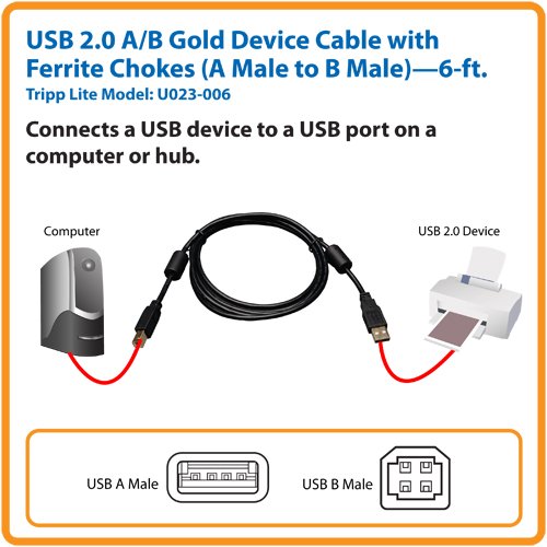 Tripp Lite USB 2.0 Hi-Speed A/B Device Cable Ferrite Chokes (M/M), 1.83 m (U023-006