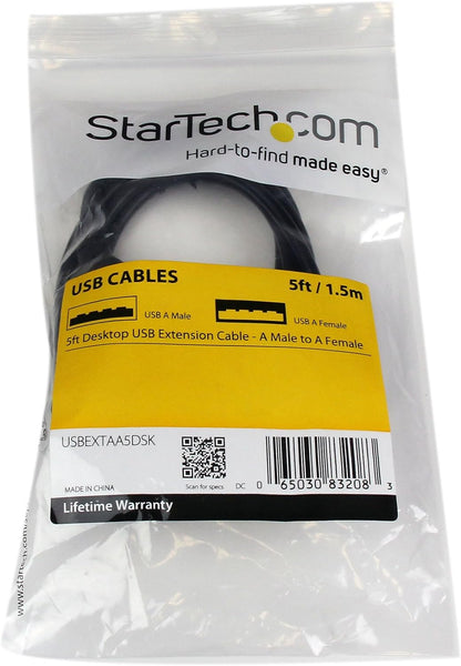 StarTech.com 5ft USB 2.0 Extension Cable - Male to Female - 5 ft USB A to A Extension cord for Laptop, Desktop, Tablet, Webcam & More (USBEXTAA5DSK