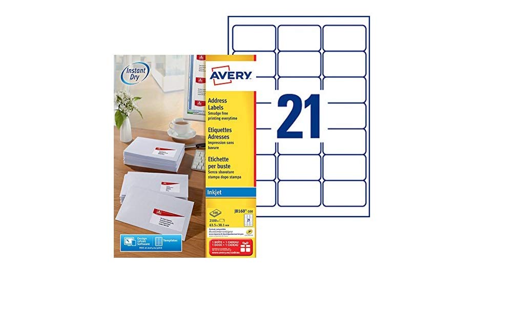 Avery Self Adhesive Address Mailing Labels, Inkjet Printers, 21 Labels per A4 Sheet, 2100 labels, QuickDRY (J8160), White