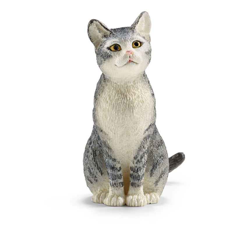 SCHLEICH Farm World Cat Sitting Toy Figure, Grey/White (13771)