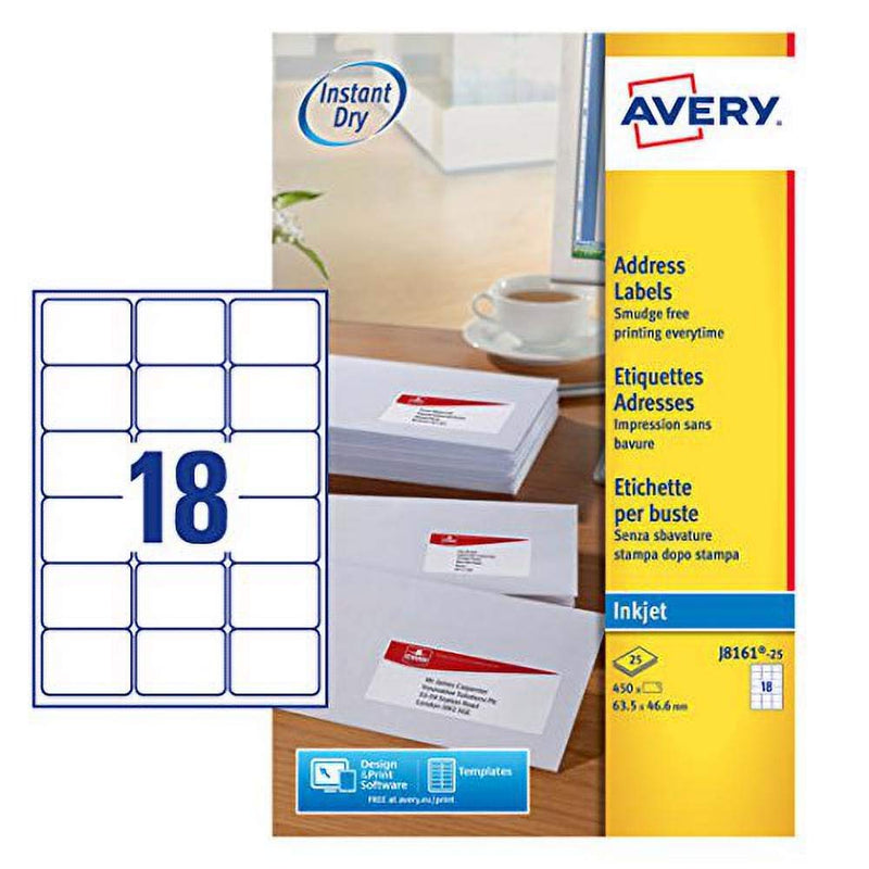 Avery Self Adhesive Address Mailing Labels, Inkjet labels, 18 labels per A4 sheet, 450 labels, QuickDRY (J8161), White, 25 Sheets