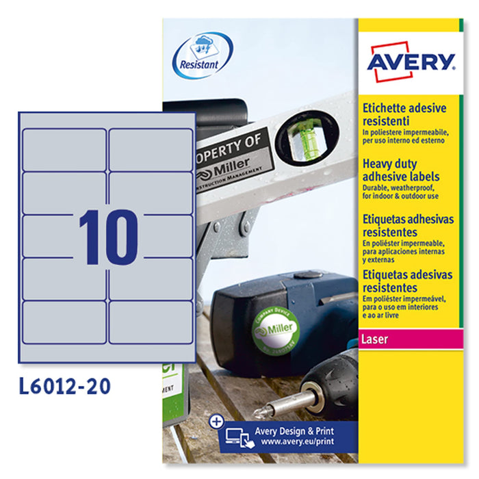 Avery L6012-20 (96.0 x 50.8mm) Extra-Strong Adhesive Silver Heavy Duty Labels, 10 Labels Per A4 Sheet