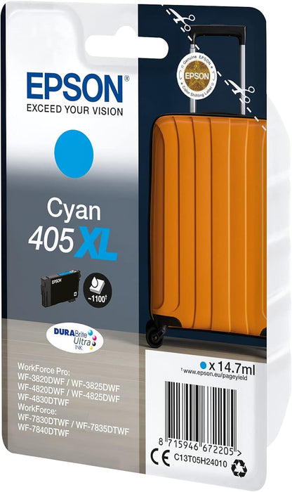 Epson 405XL Cyan Suitcase High Yield Genuine, DURABrite Ultra Ink Cyan XL High Capacity