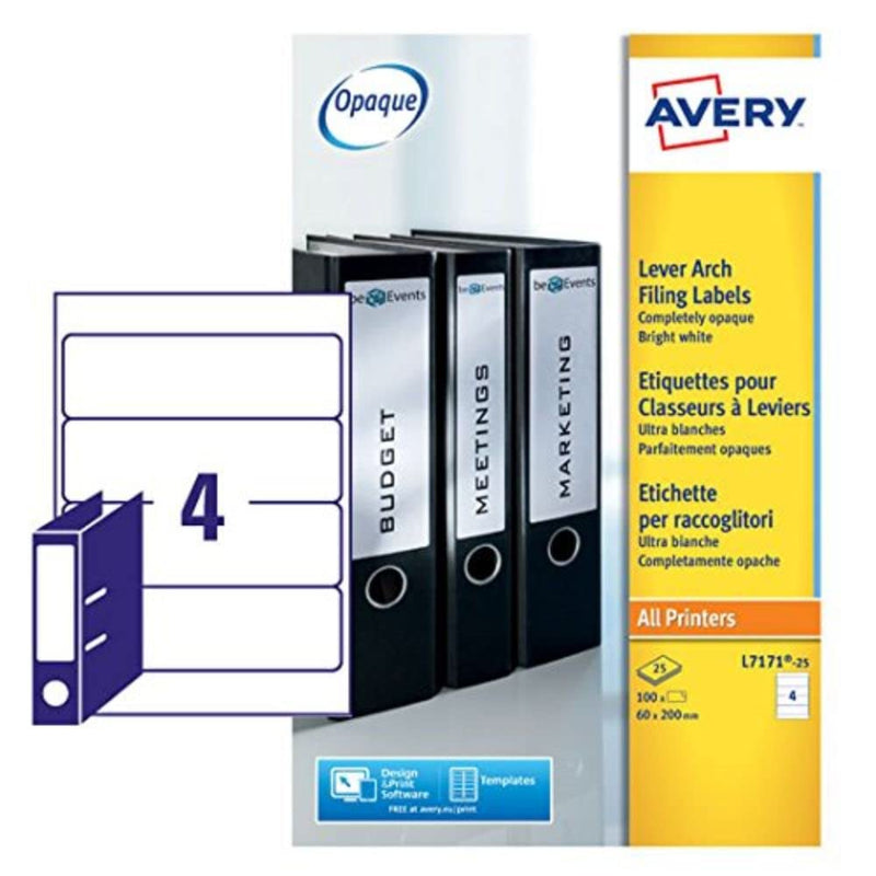 Avery L7171-25 Self-Adhesive Lever Arch File Labels, 4 Labels Per A4 Sheet, 100 Labels Per Pack