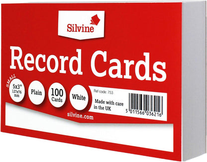 Silvine 5x3 White Record Cards - Plain, 100 Cards Per Pack. Ref 753 (127 x 76mm
