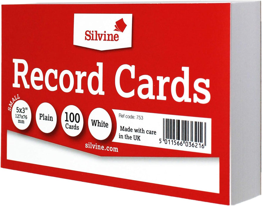 Silvine 5x3 White Record Cards - Plain, 100 Cards Per Pack. Ref 753 (127 x 76mm)