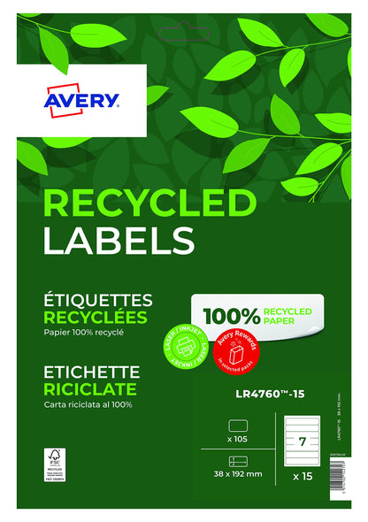 Avery Recycled Filing Labels LR4760-15, 38 x 192 mm 15 Sheets of 7 Labels
