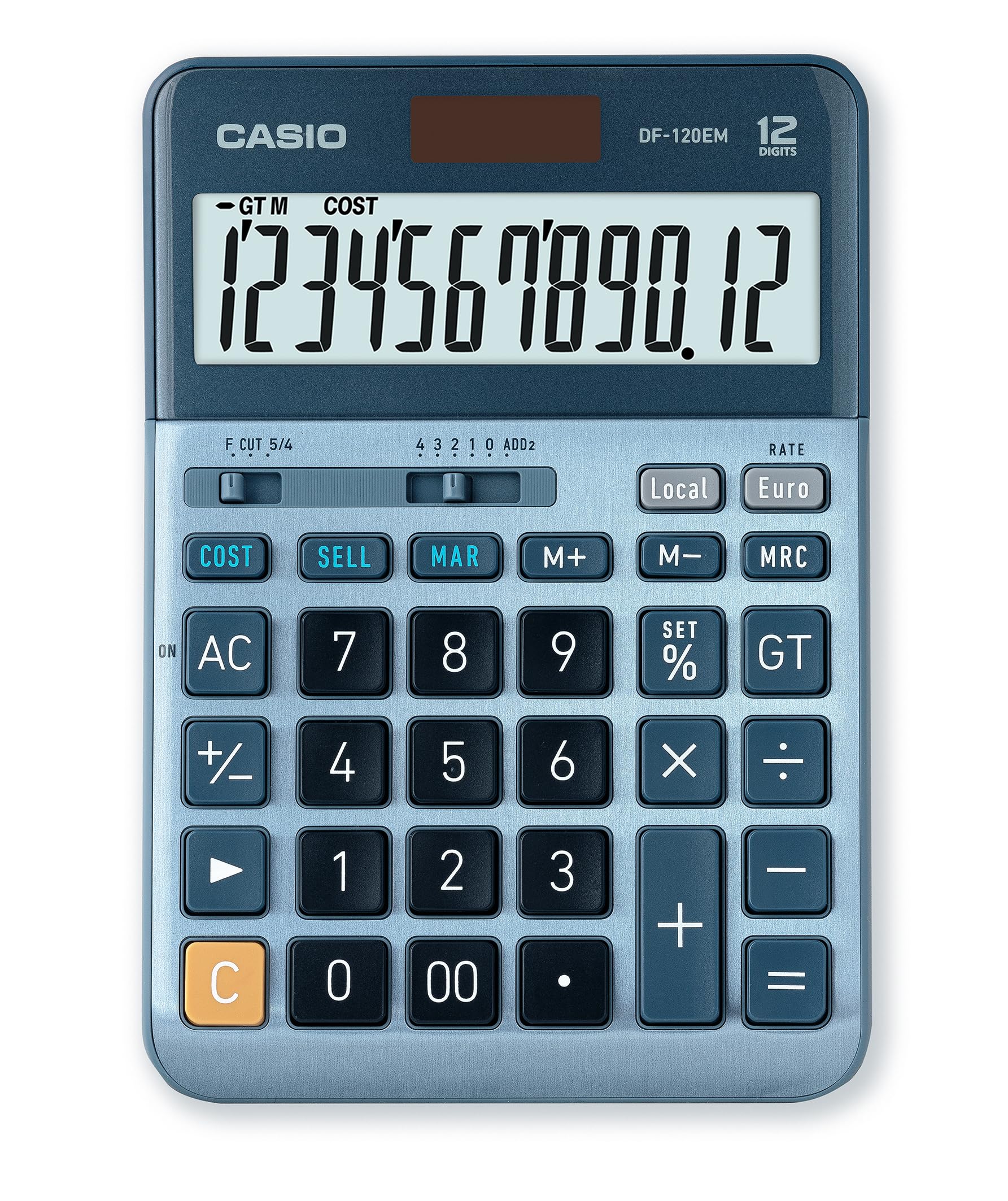 Casio Tischrechner DF-120EM, 12-stellig, Cost/Sell/Margin, Gesamtsummen-Speicher, Solar-/Batteriebetrieb, silber