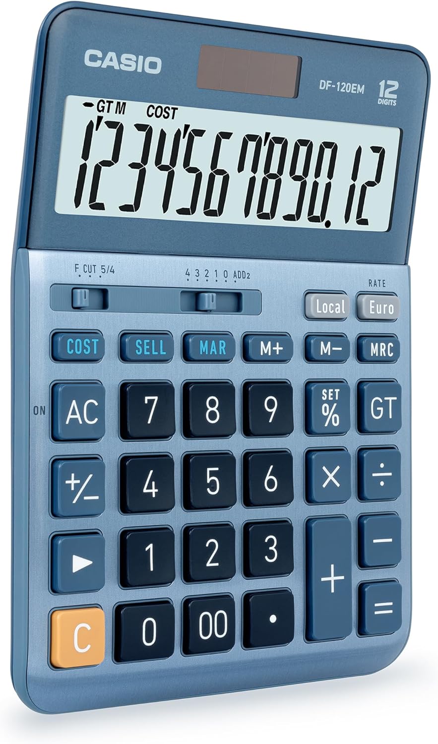 Casio Tischrechner DF-120EM, 12-stellig, Cost/Sell/Margin, Gesamtsummen-Speicher, Solar-/Batteriebetrieb, silber
