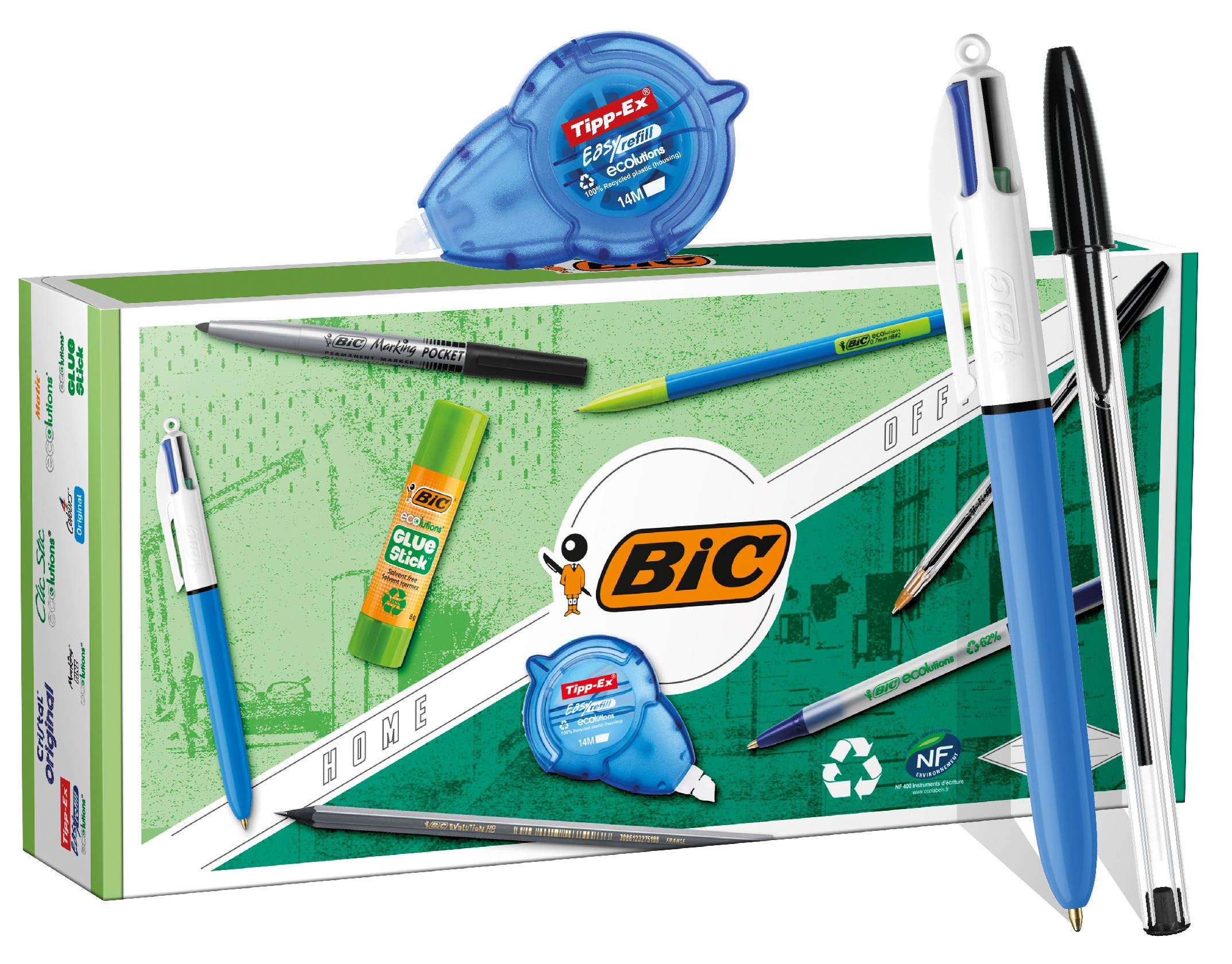 Bic Durable Home and Office Personal Writing Kit - 3 Ballpoint Pens, 1 Pencil and 1 Mechanical Pencil, 1 Permanent Marker, 1 Corrector Tape + 1 Refill, 1 Tube of Glue 1 count (Pack of 1)