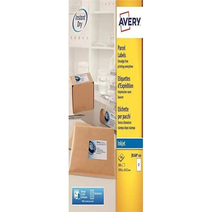Avery Self Adhesive Parcel Shipping Labels, Inkjet Printers, 2 Labels Per A4 Sheet, 200 labels, QuickDRY (J8168), White, 100 Sheets