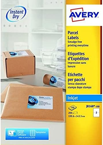 Avery Self Adhesive Parcel Shipping Labels, Inkjet Printers, 2 Labels Per A4 Sheet, 200 labels, QuickDRY (J8168), White, 100 Sheets