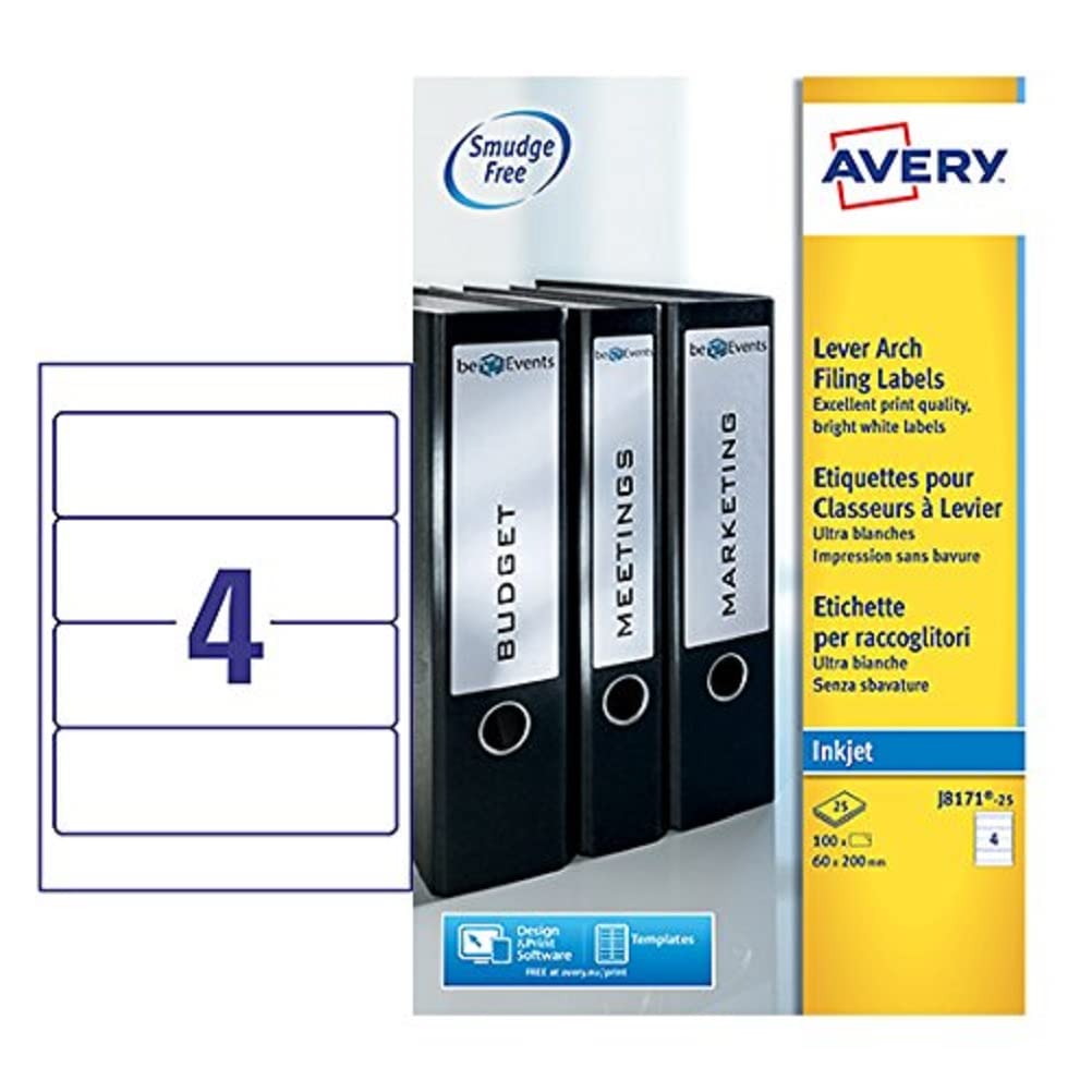 Avery Lever Arch LBL 4SHEET P25 J8171-25