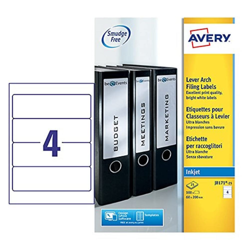 Avery Lever Arch LBL 4SHEET P25 J8171-25