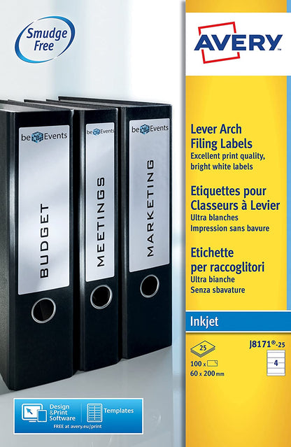 Avery Lever Arch LBL 4SHEET P25 J8171-25