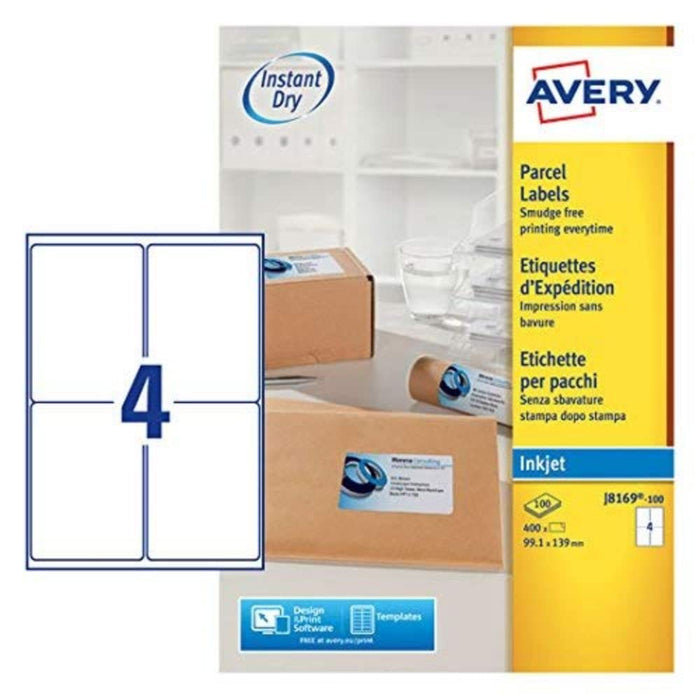 Avery Self Adhesive Parcel Shipping Labels, Inkjet Printers, 4 Labels Per A4 Sheet, 400 Labels, QuickDRY (J8169), White Single