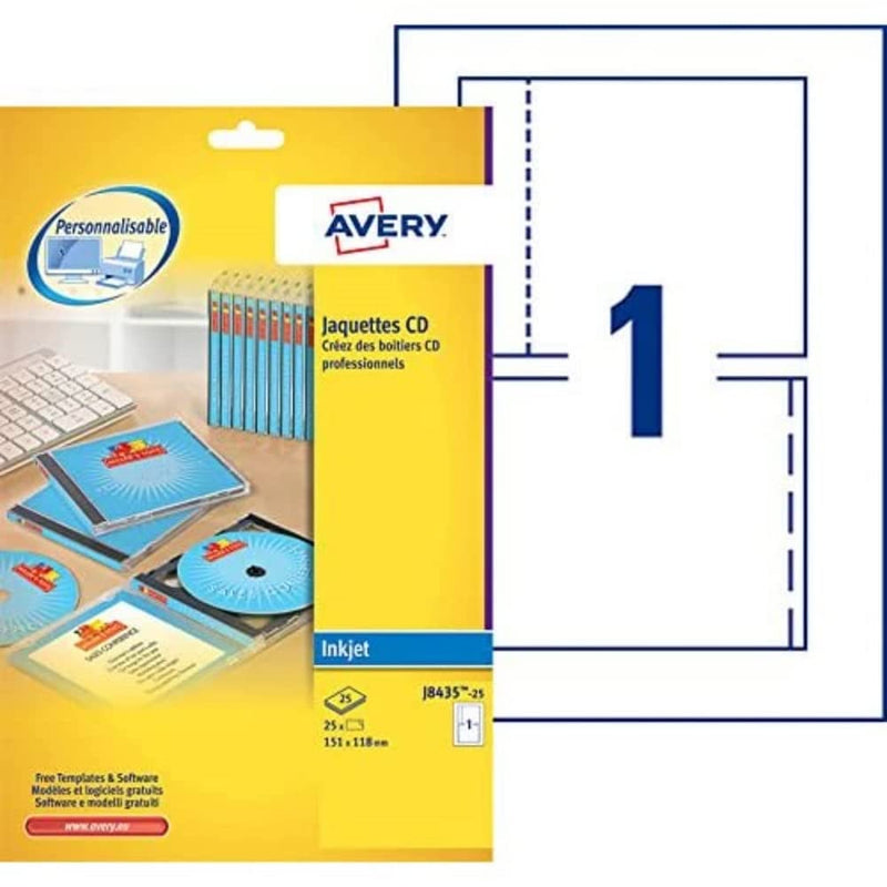Avery J8435-25 CD Case Cover, Spine and Tray Inserts, White ,1 Label Per A4 Sheet 1 White