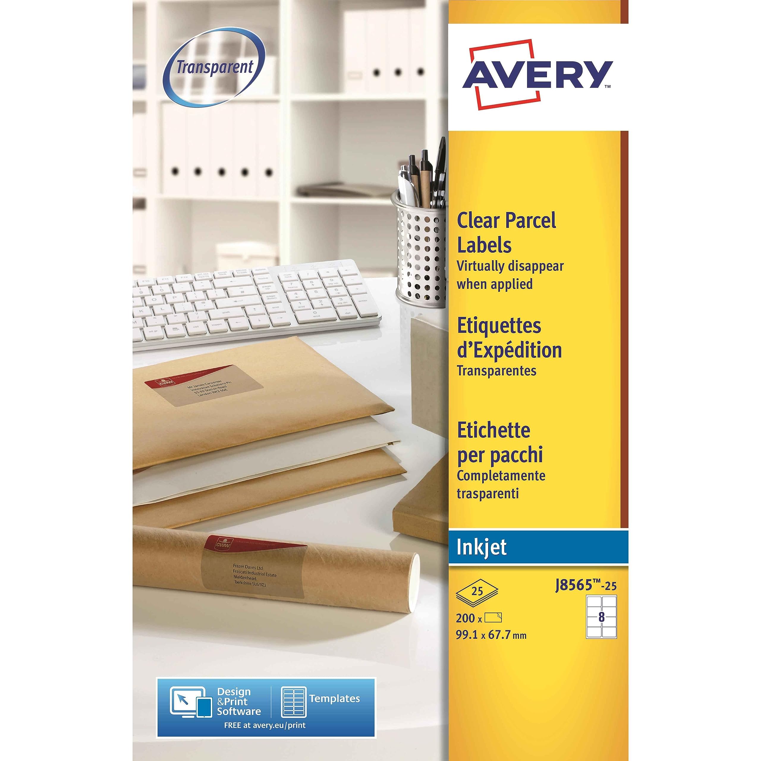 Avery Self Adhesive Clear Parcel Shipping Labels, Inkjet Printers, 8 Labels Per A4 Sheet, 200 labels, QuickDRY (J8565