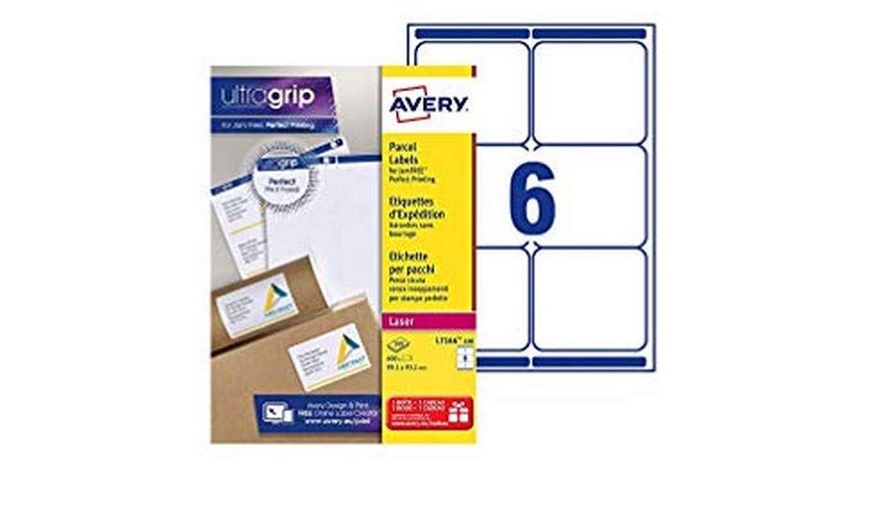 Avery L7166 Self Adhesive Parcel Shipping Labels, Laser Printers, 6 Labels Per A4 Sheet, 600 Labels, UltraGrip, White,99,1 x 93,1 mm