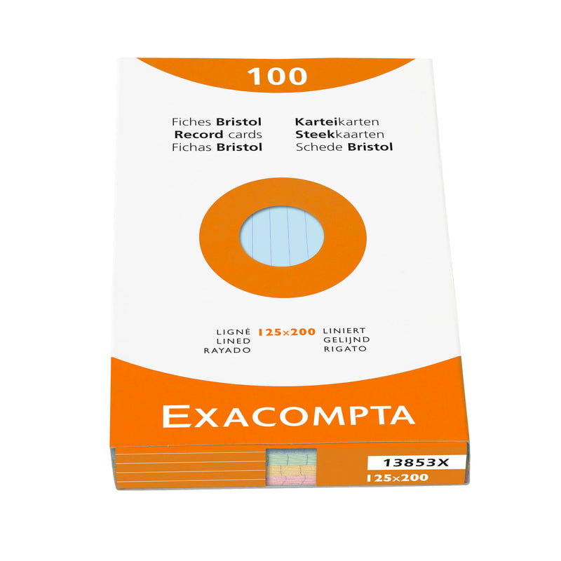 Exacompta - Ref 13853X - Bristol Lined Record Cards (Pack of 100) - 125 x 200mm in Size, 205gsm Card, Compatible with Printers - Suitable for Exam Revision & Notes - Assorted Colours 125 x 200 mm Lined Assorted Colours