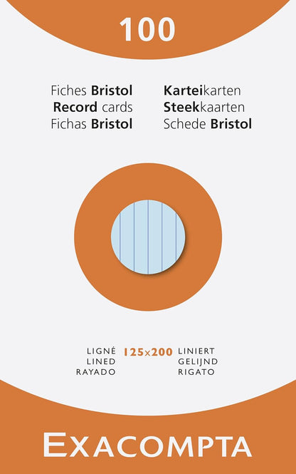 Exacompta - Ref 13853X - Bristol Lined Record Cards (Pack of 100) - 125 x 200mm in Size, 205gsm Card, Compatible with Printers - Suitable for Exam Revision & Notes - Assorted Colours 125 x 200 mm Lined Assorted Colours