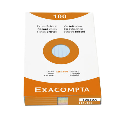 Exacompta - Ref 13853X - Bristol Lined Record Cards (Pack of 100) - 125 x 200mm in Size, 205gsm Card, Compatible with Printers - Suitable for Exam Revision & Notes - Assorted Colours 125 x 200 mm Lined Assorted Colours