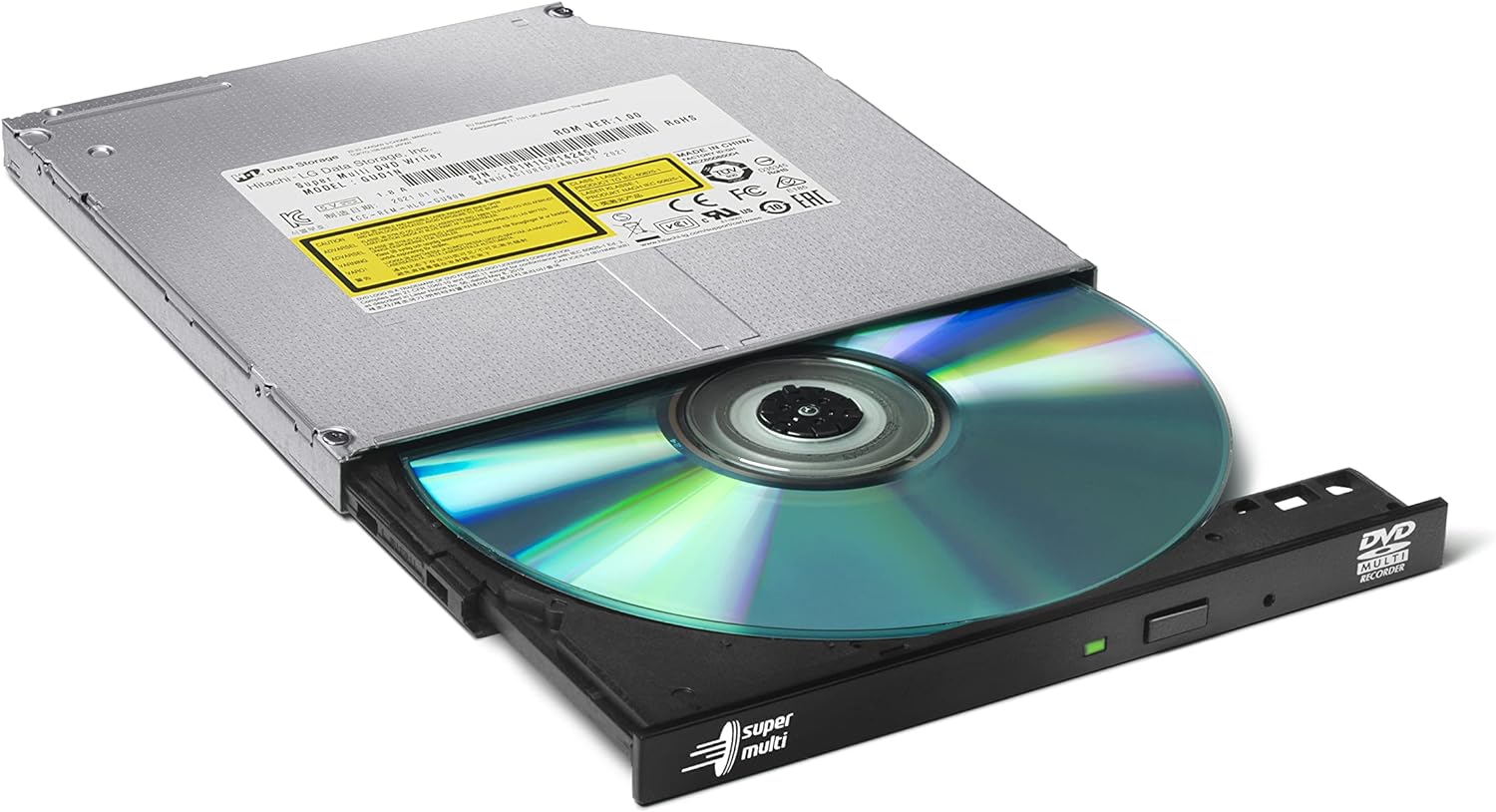 Hitachi-LG GUD1N Internal DVD Drive, Slim 9.5 mm DVD Player/Writer for Laptop/Desktop PC, Windows 10 Compatible, 8x Read/Write Speed - Black