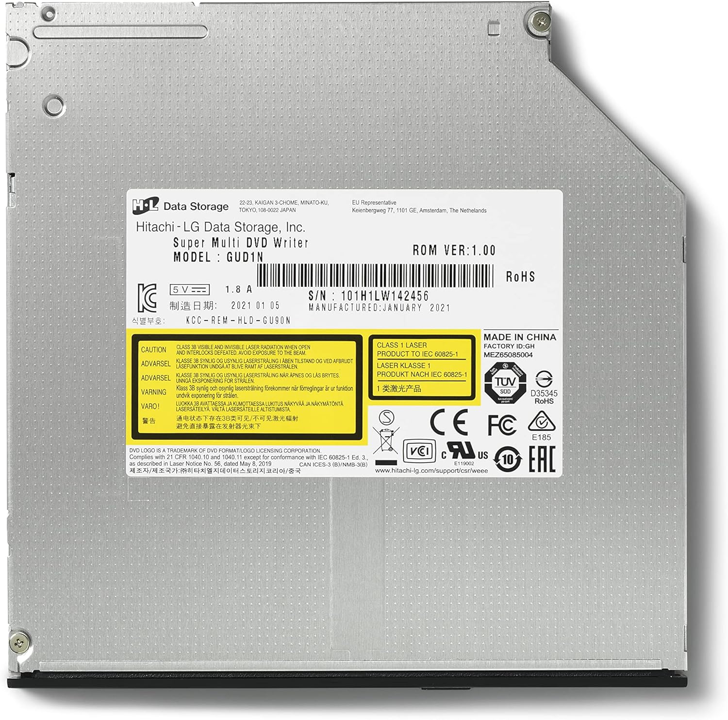 Hitachi-LG GUD1N Internal DVD Drive, Slim 9.5 mm DVD Player/Writer for Laptop/Desktop PC, Windows 10 Compatible, 8x Read/Write Speed - Black