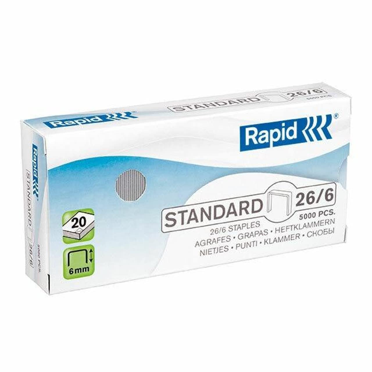 Rapid 26/6mm Standard Staples, For Stapling up to 20 Sheets, Use with Desktop and Electric Staplers, Galvanised Wire, Box of 5000, 24861800
