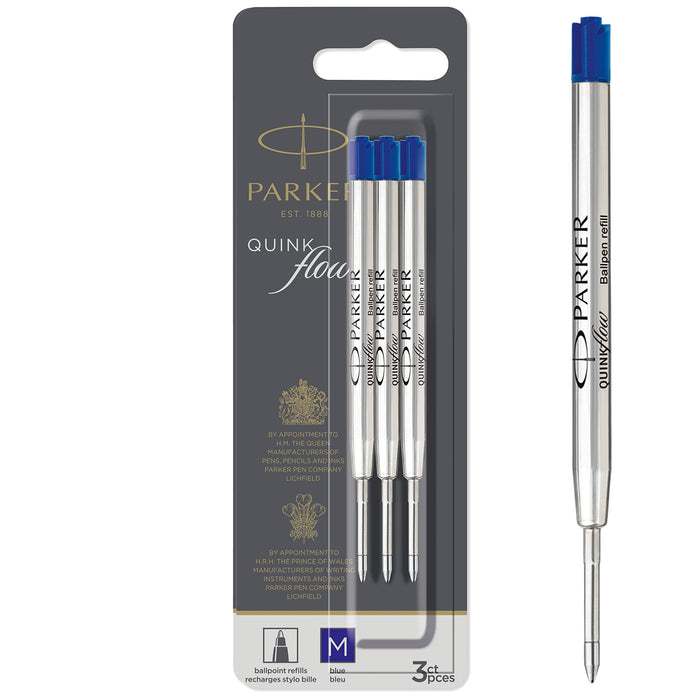Parker Ballpoint Pen Refills | Medium Point | Blue QUINKflow Ink | 3 Count Blue Pack of 3