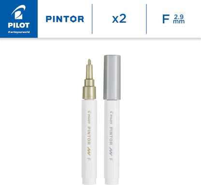 Pilot Pintor Fine Line Bullet Paint Marker 2.9mm Tip- Gold and Silver (Pack of 2