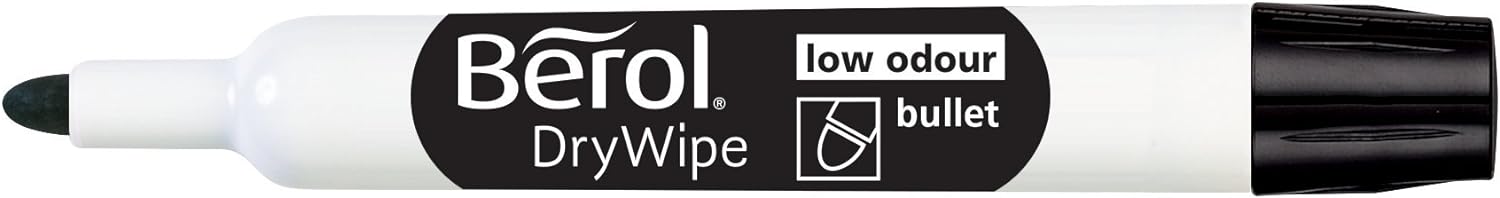 Berol DryWipe Whiteboard Marker Pens | Bullet Tip | Black Low-Odour Ink | 48 Dry Erase Markers