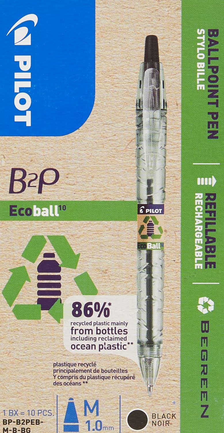 Pilot Ecoball Recycled Ballpoint Medium, Black, Pack of 10