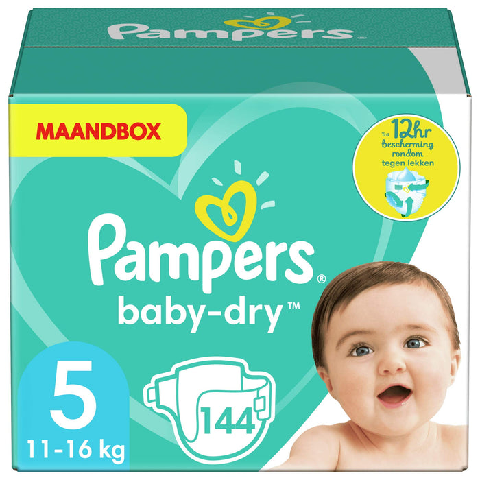 Pampers Maat 5 Luiers (10-15 kg) Baby-Dry, 144 Stuks, MAANDBOX, Tot 12 uur Bescherming rondom tegen Lekken Size 5 (144 Count)