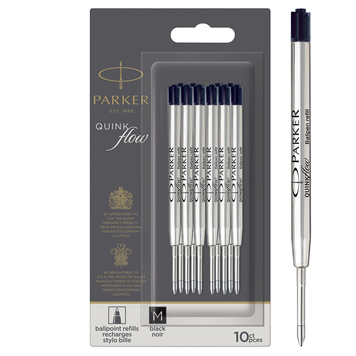 Parker Ballpoint Pen Refills | Medium Point | Black QUINKflow Ink | 10 Count Black pack of 10