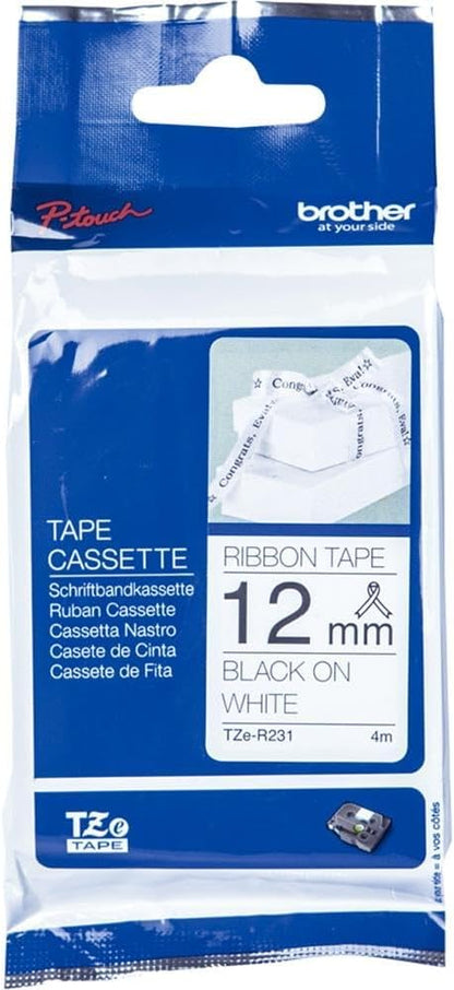 Brother TZe-R231 Labelling Tape Cassette, Black on White, 12mm (W) x 4M (L), Ribbon Tape, Brother Genuine Supplies