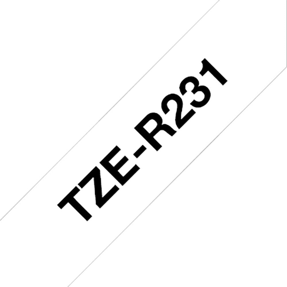 Brother TZe-R231 Labelling Tape Cassette, Black on White, 12mm (W) x 4M (L), Ribbon Tape, Brother Genuine Supplies