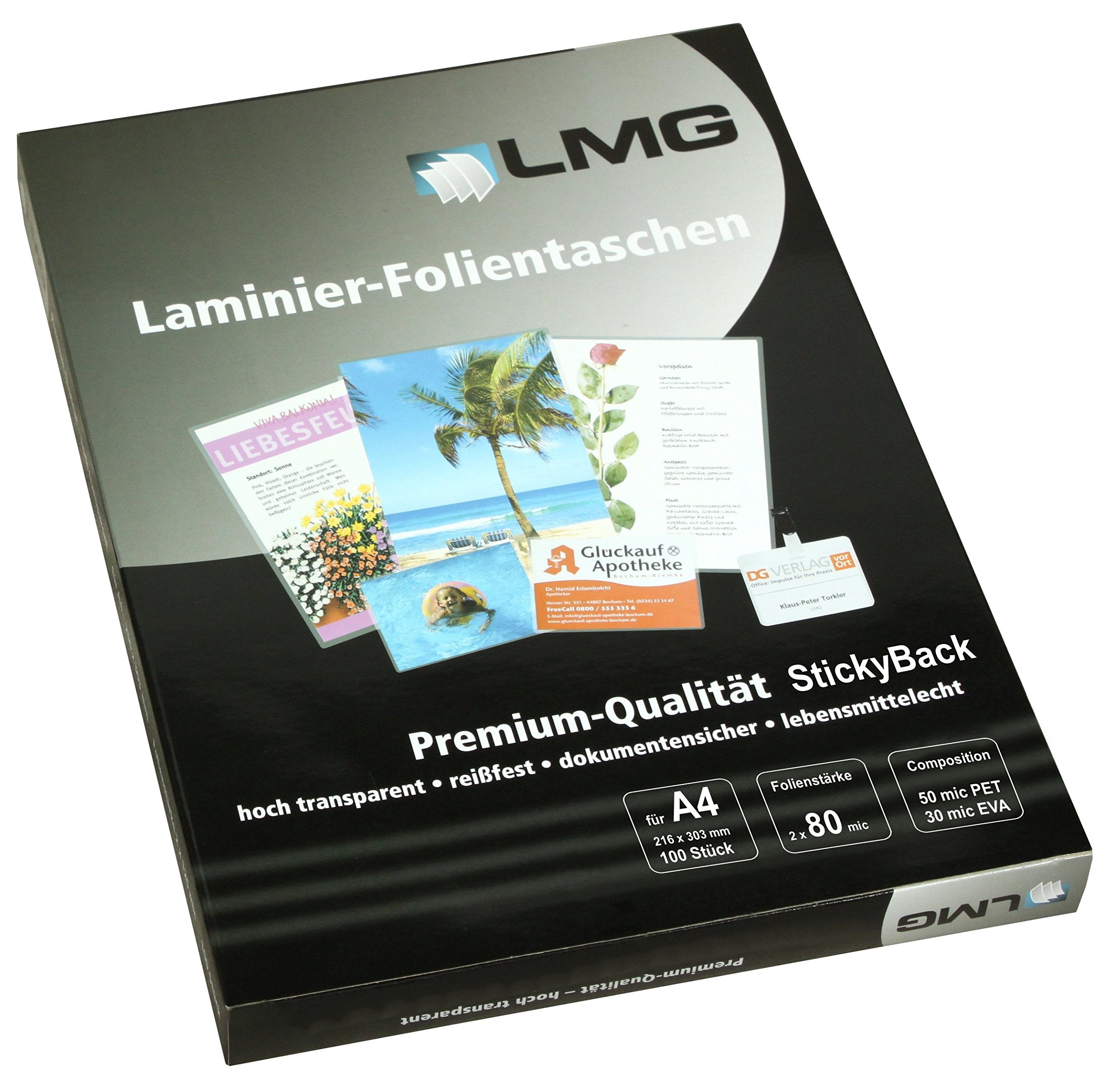 LMG lmga4 – 80s plastificar A4, 216 x 303 mm, 2 x 80 Mic con parte trasera autoadhesivos, 100 unidades