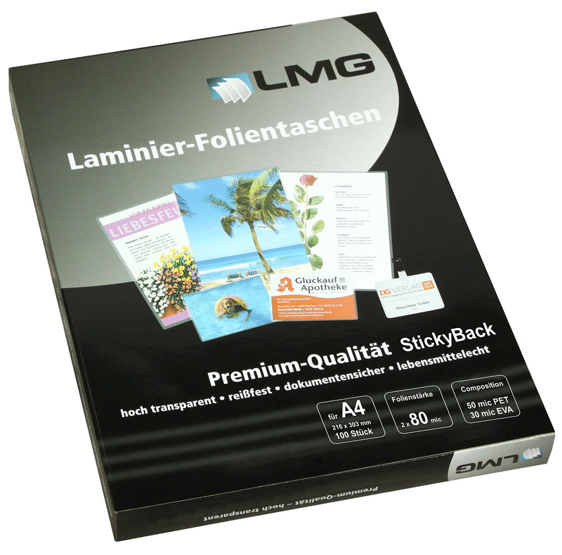 LMG lmga4 – 80s plastificar A4, 216 x 303 mm, 2 x 80 Mic con parte trasera autoadhesivos, 100 unidades