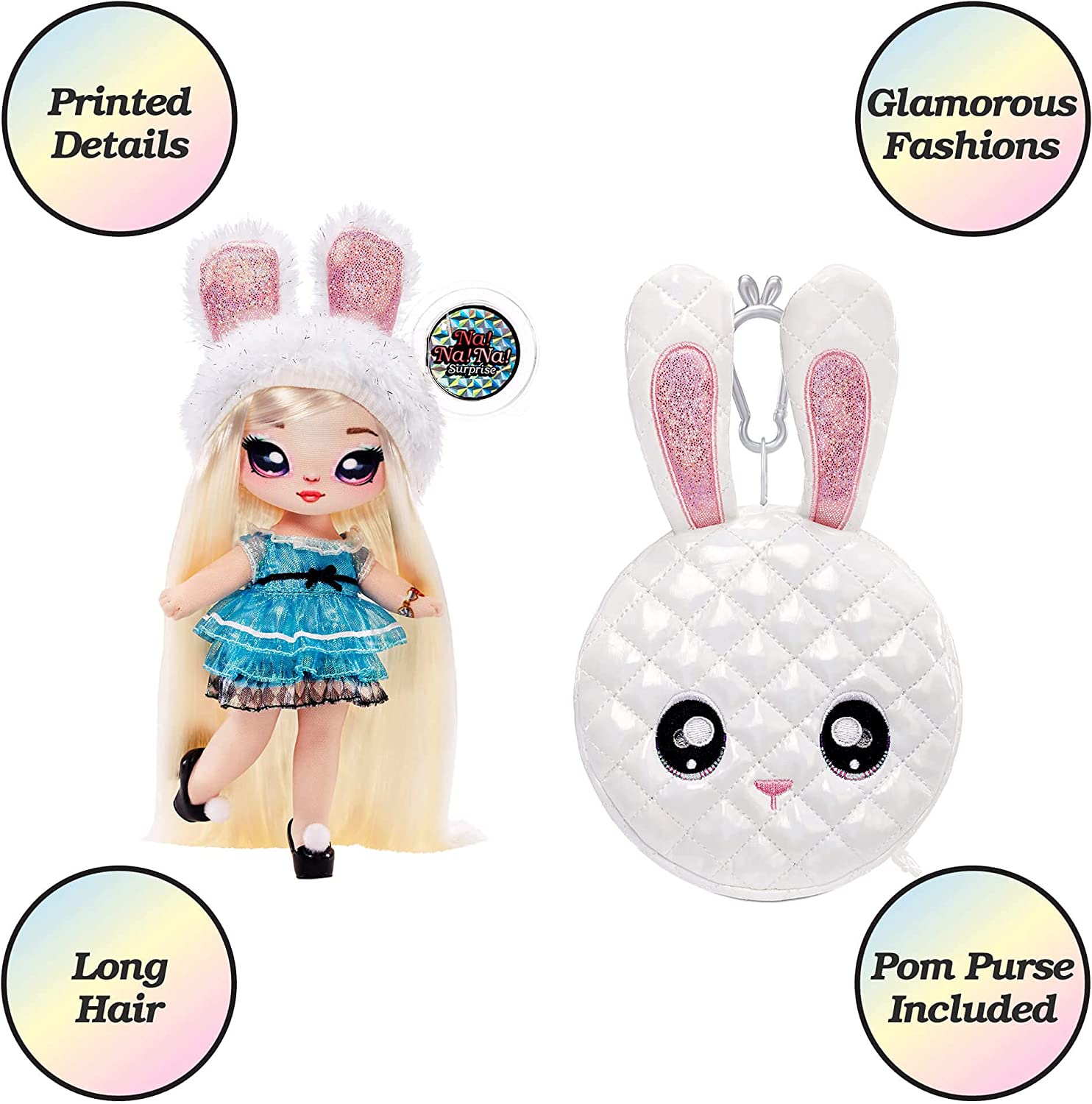 Na Na Na Surprise 2-in-1 Fashion Doll & Metallic Purse Glam Series - Collectable - Blonde Doll in Shimmery Blue Dress & Bunny Ears with White Rabbit Purse - Alice Hops